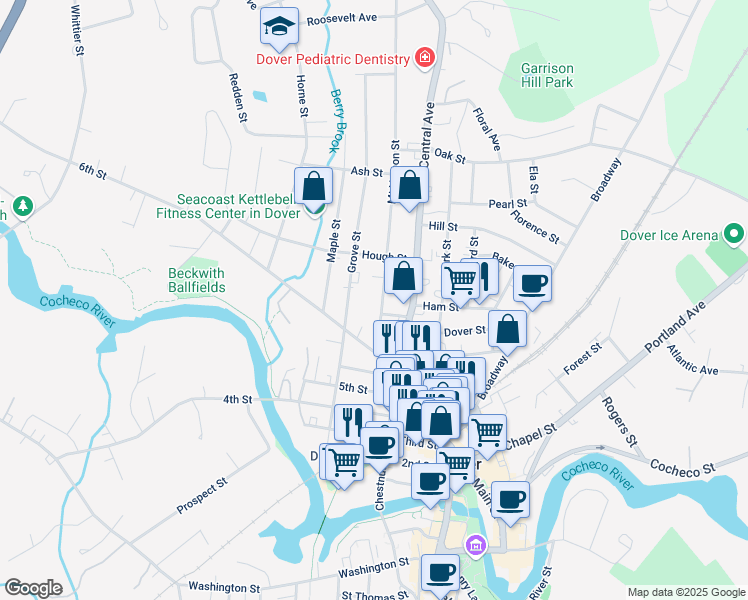 map of restaurants, bars, coffee shops, grocery stores, and more near 59 Grove Street in Dover
