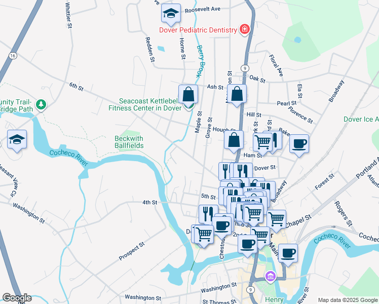map of restaurants, bars, coffee shops, grocery stores, and more near 2 Maple Street in Dover