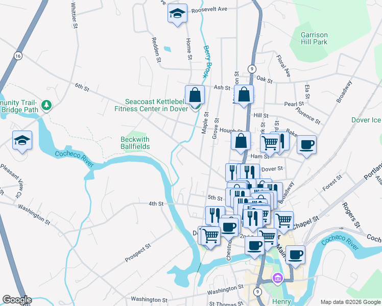map of restaurants, bars, coffee shops, grocery stores, and more near 76 6th Street in Dover