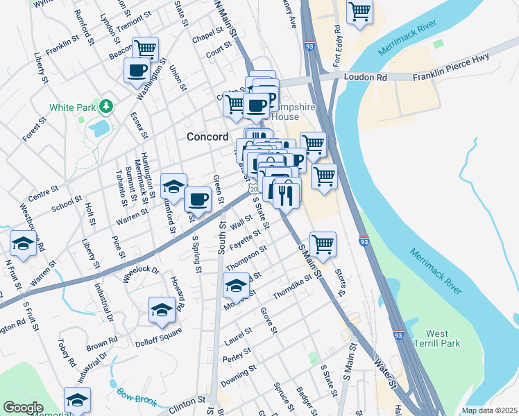 map of restaurants, bars, coffee shops, grocery stores, and more near 17 South State Street in Concord
