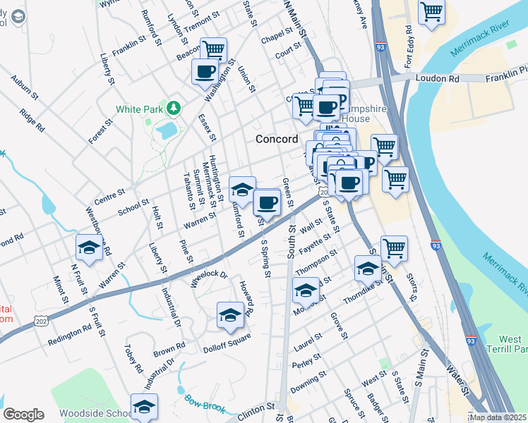 map of restaurants, bars, coffee shops, grocery stores, and more near 18 North Spring Street in Concord