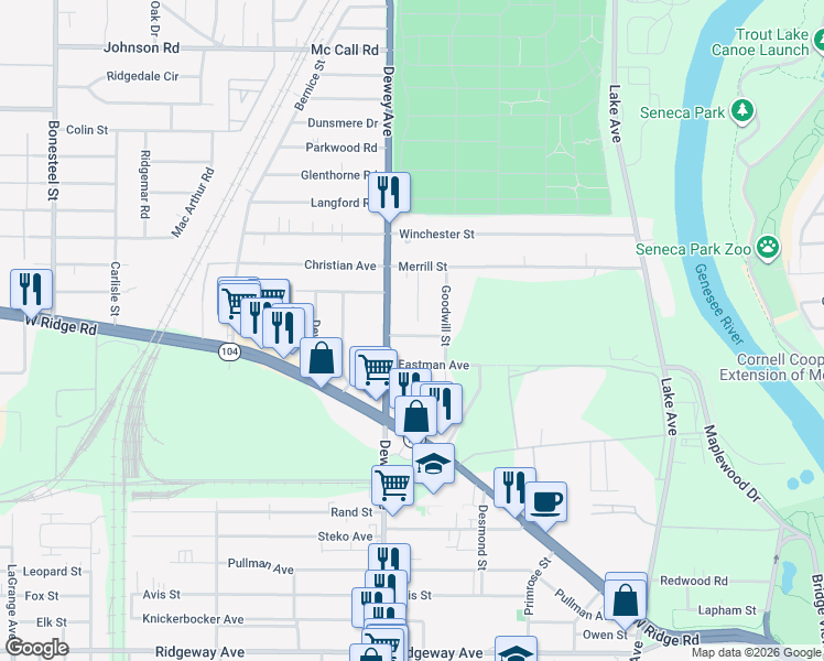 map of restaurants, bars, coffee shops, grocery stores, and more near 20 Velox Street in Rochester