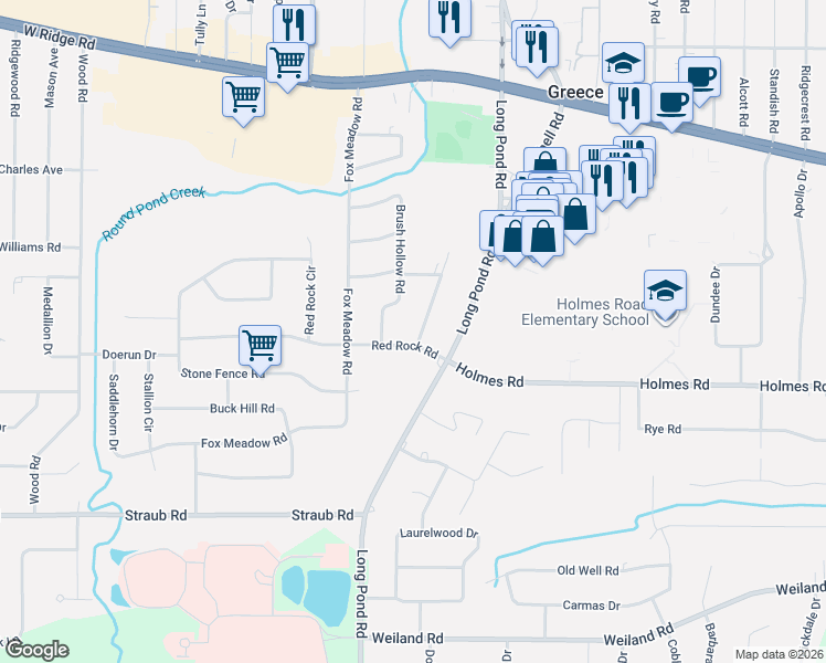 map of restaurants, bars, coffee shops, grocery stores, and more near 60 Red Rock Road in Rochester