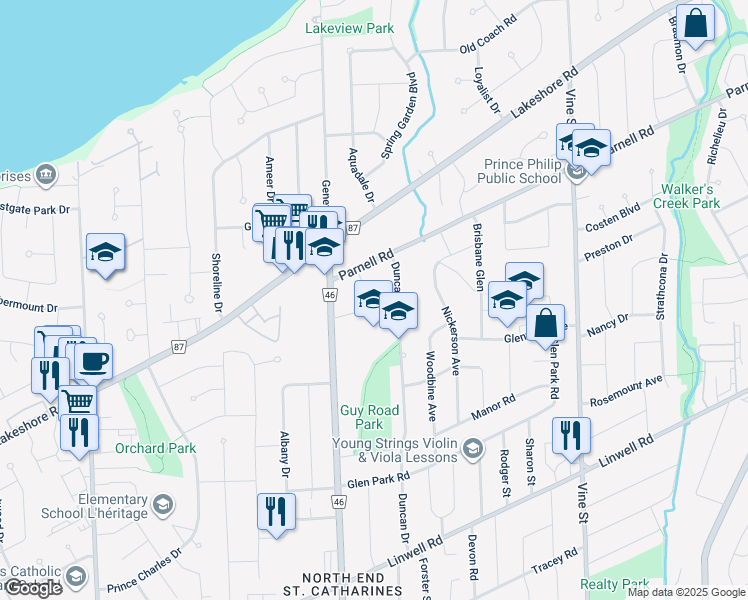 map of restaurants, bars, coffee shops, grocery stores, and more near in St. Catharines