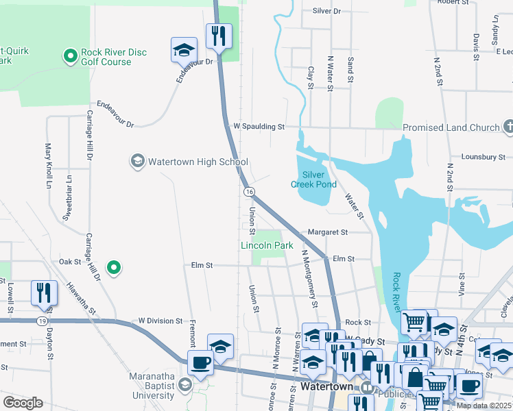 map of restaurants, bars, coffee shops, grocery stores, and more near 610 Union Street in Watertown