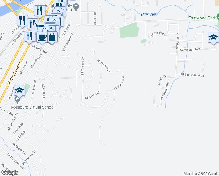 map of restaurants, bars, coffee shops, grocery stores, and more near 1495 SE Parkwood Dr in Roseburg