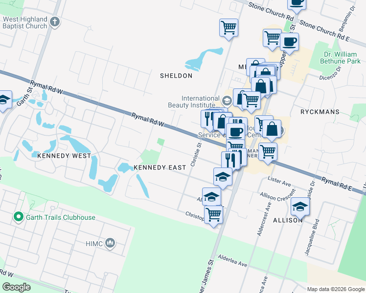 map of restaurants, bars, coffee shops, grocery stores, and more near 92 Kennedy Avenue in Hamilton