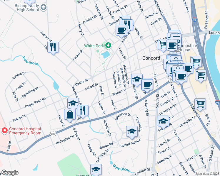map of restaurants, bars, coffee shops, grocery stores, and more near 22 Pine Street in Concord