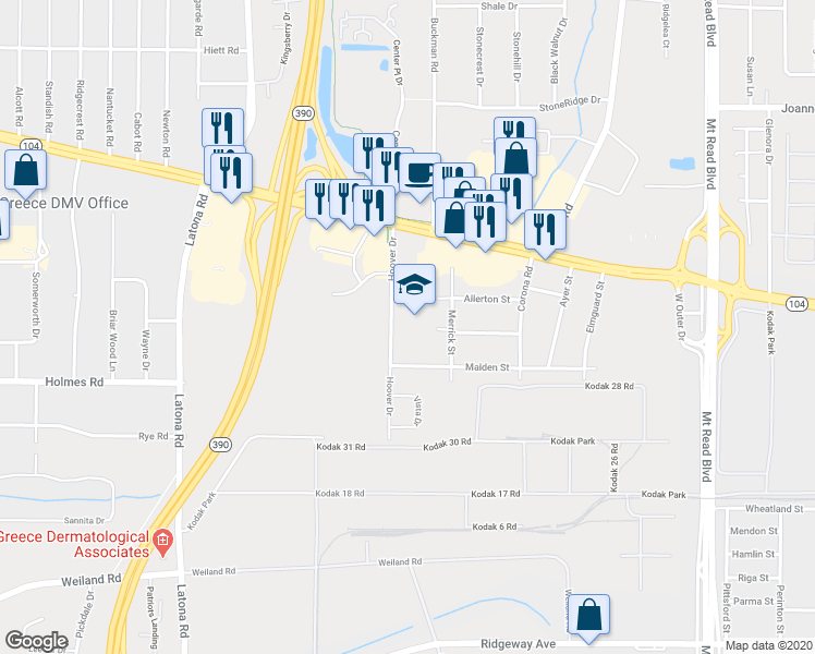 map of restaurants, bars, coffee shops, grocery stores, and more near 133 Hoover Drive in Rochester