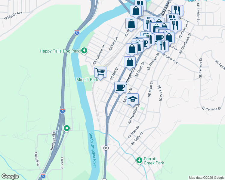 map of restaurants, bars, coffee shops, grocery stores, and more near 1434 Southeast Pine Street in Roseburg
