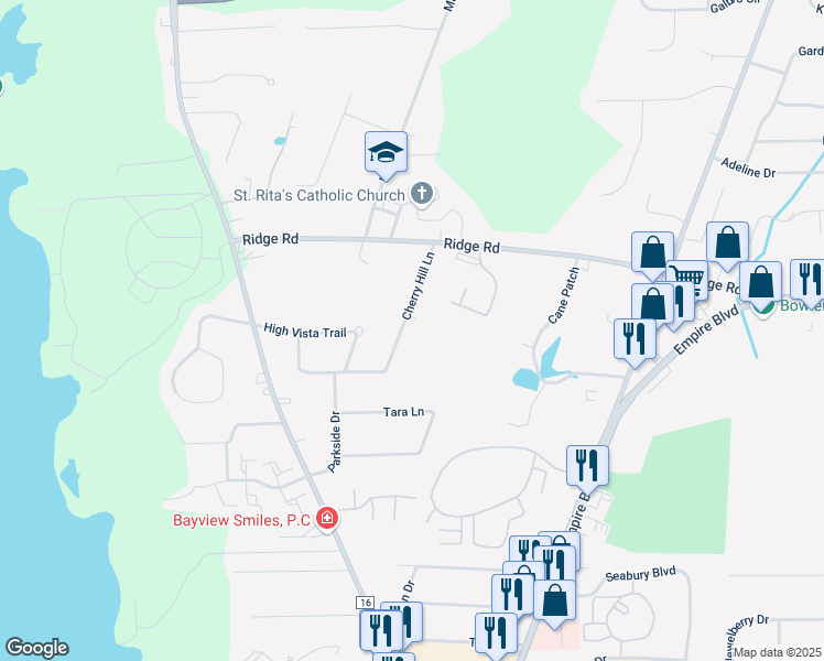 map of restaurants, bars, coffee shops, grocery stores, and more near 1064 Cherry Hill Lane in Webster