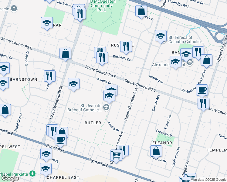 map of restaurants, bars, coffee shops, grocery stores, and more near 226 Acadia Drive in Hamilton