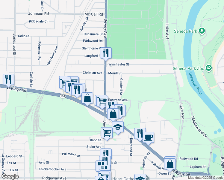 map of restaurants, bars, coffee shops, grocery stores, and more near 20 Velox Street in Rochester