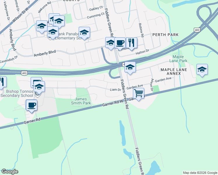 map of restaurants, bars, coffee shops, grocery stores, and more near 35 Liam Drive in Hamilton