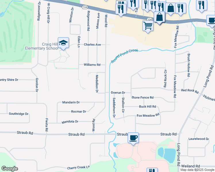map of restaurants, bars, coffee shops, grocery stores, and more near 362 Wood Road in Rochester