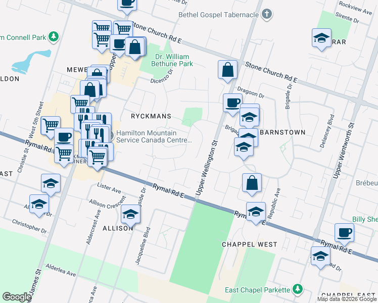map of restaurants, bars, coffee shops, grocery stores, and more near 482 Dicenzo Drive in Hamilton