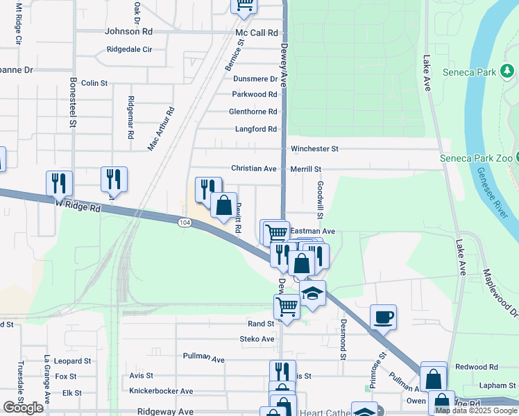 map of restaurants, bars, coffee shops, grocery stores, and more near 90 Mayflower Street in Rochester