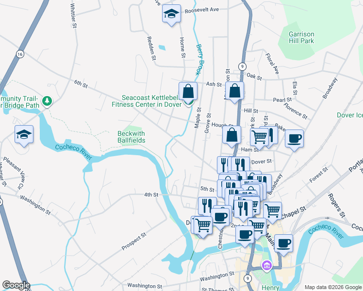 map of restaurants, bars, coffee shops, grocery stores, and more near 76 6th Street in Dover