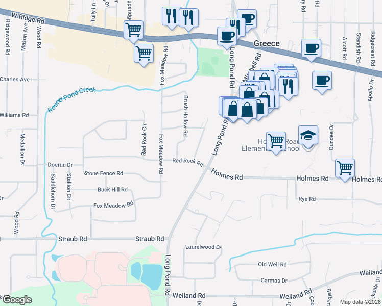 map of restaurants, bars, coffee shops, grocery stores, and more near 60 Red Rock Road in Rochester