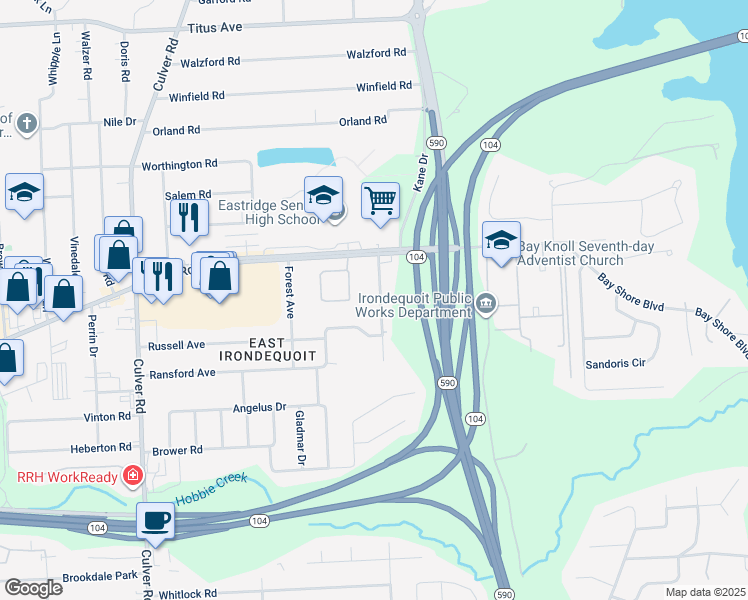 map of restaurants, bars, coffee shops, grocery stores, and more near 91 Walnut Park in Irondequoit