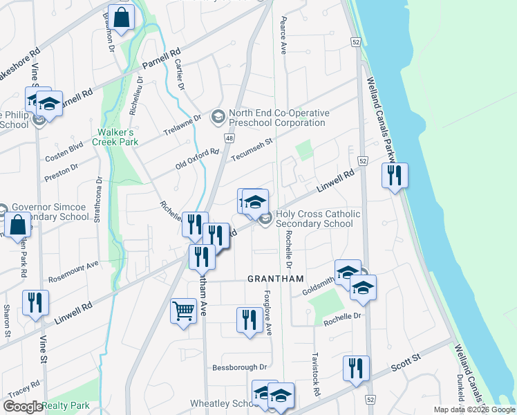 map of restaurants, bars, coffee shops, grocery stores, and more near 14 Glencairn Drive in St. Catharines