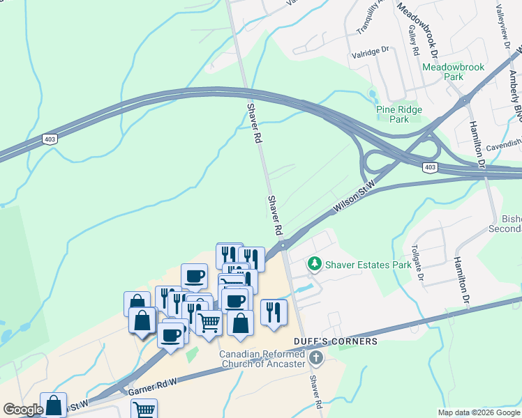 map of restaurants, bars, coffee shops, grocery stores, and more near 348 Shaver Road in Hamilton