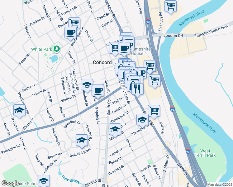 map of restaurants, bars, coffee shops, grocery stores, and more near 33 Pleasant Street in Concord