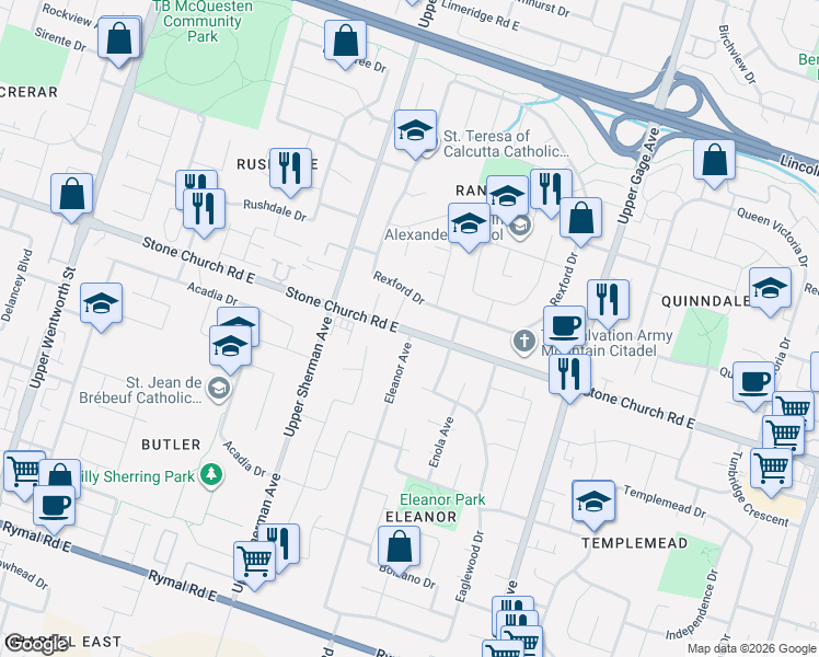 map of restaurants, bars, coffee shops, grocery stores, and more near 730 Stone Church Road East in Hamilton