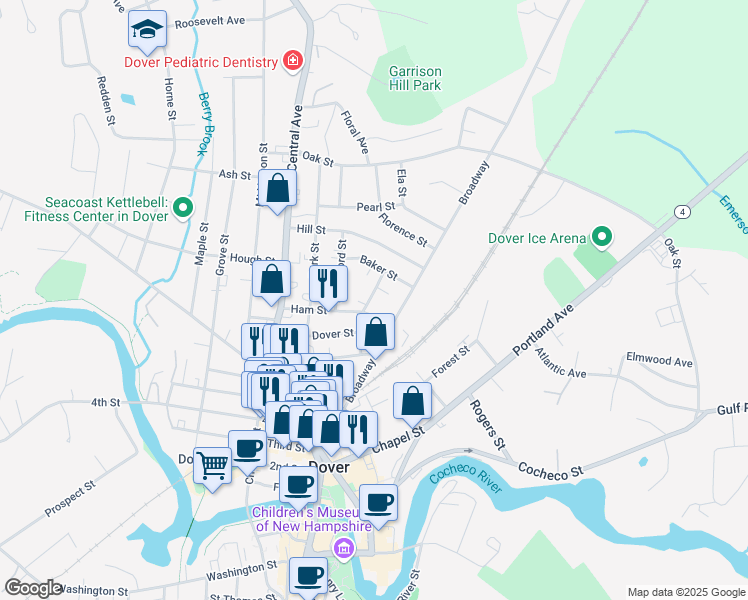 map of restaurants, bars, coffee shops, grocery stores, and more near 22 Everett Street in Dover