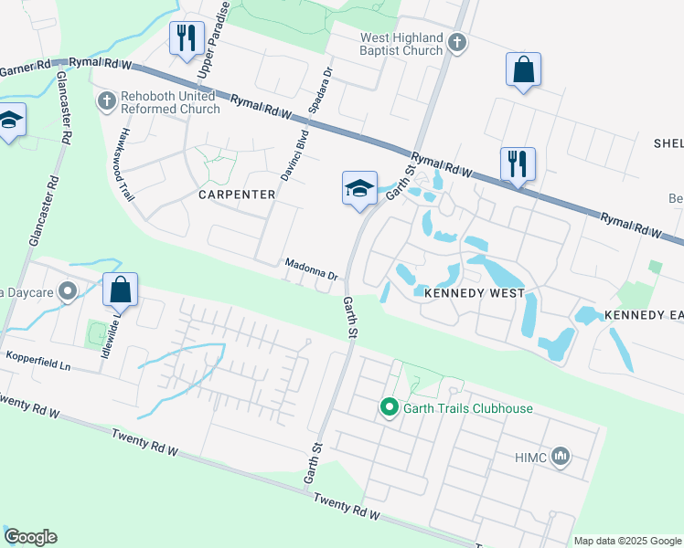 map of restaurants, bars, coffee shops, grocery stores, and more near 2 Madonna Drive in Hamilton