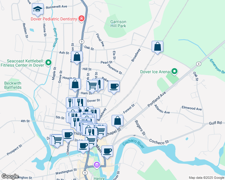 map of restaurants, bars, coffee shops, grocery stores, and more near 78 Broadway in Dover
