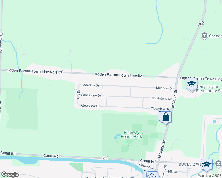 map of restaurants, bars, coffee shops, grocery stores, and more near 45 Meadow Dr in Spencerport