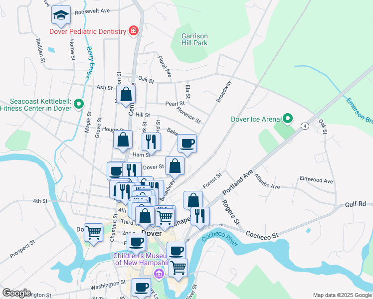 map of restaurants, bars, coffee shops, grocery stores, and more near 80 Broadway in Dover