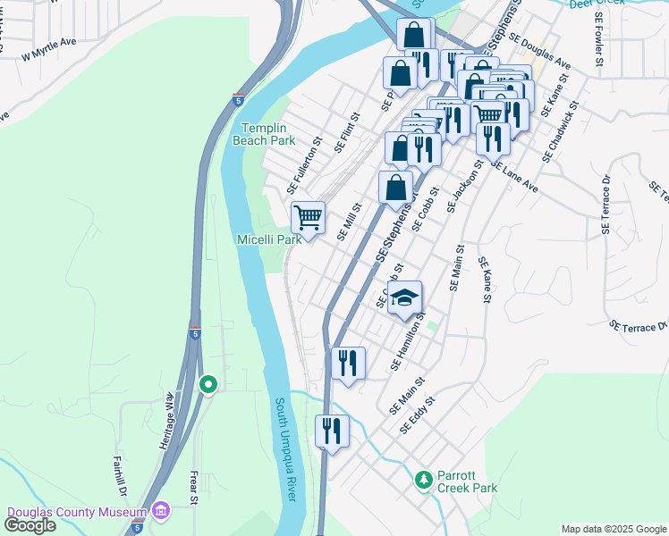 map of restaurants, bars, coffee shops, grocery stores, and more near 1433 Southeast Mill Street in Roseburg