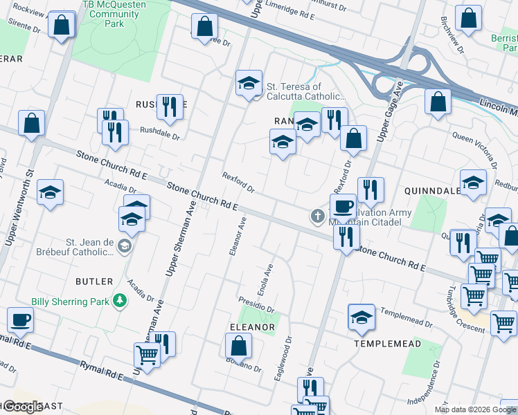 map of restaurants, bars, coffee shops, grocery stores, and more near 759 Stone Church Road East in Hamilton