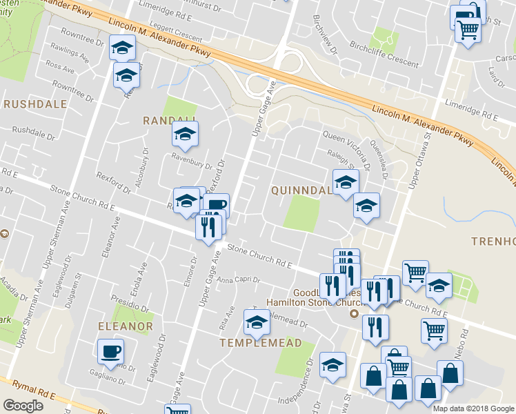 map of restaurants, bars, coffee shops, grocery stores, and more near 535 Queen Victoria Drive in Hamilton