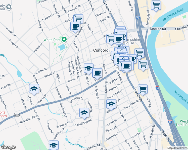 map of restaurants, bars, coffee shops, grocery stores, and more near 17 North Spring Street in Concord