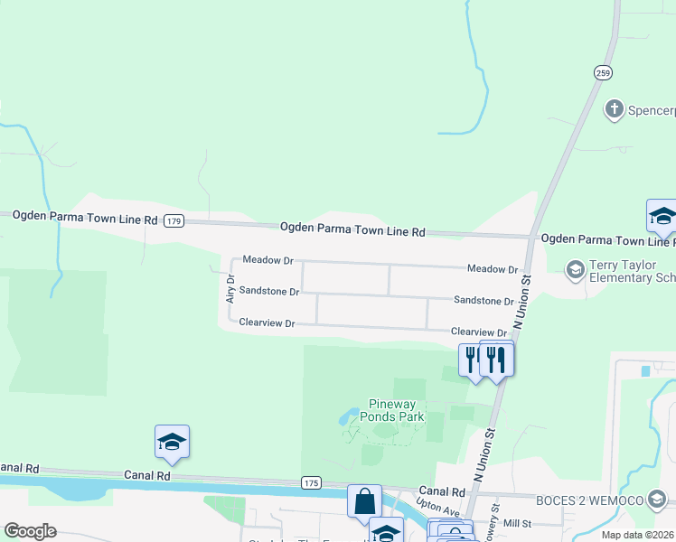 map of restaurants, bars, coffee shops, grocery stores, and more near 45 Meadow Drive in Spencerport