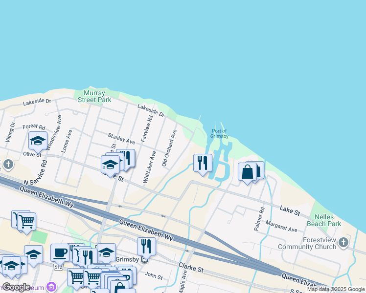 map of restaurants, bars, coffee shops, grocery stores, and more near 421 Elizabeth Street in Grimsby