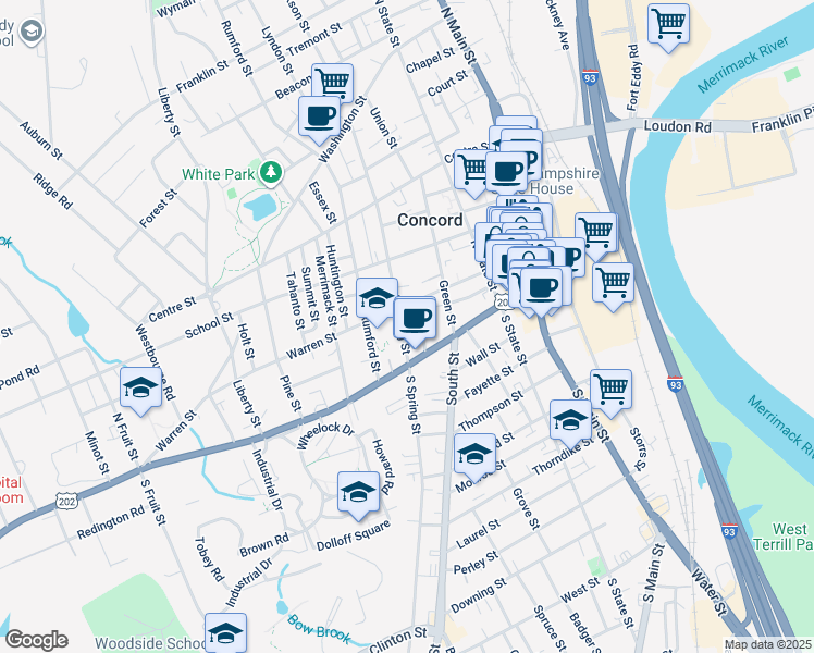 map of restaurants, bars, coffee shops, grocery stores, and more near 22 North Spring Street in Concord