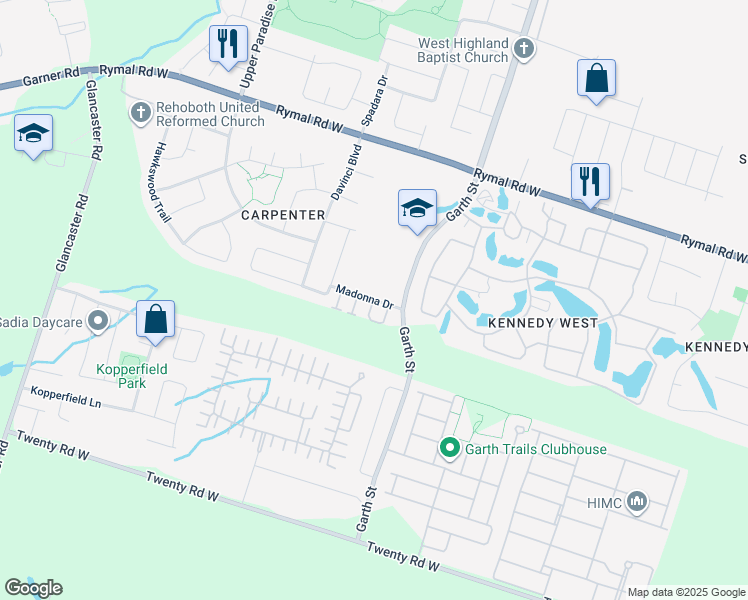 map of restaurants, bars, coffee shops, grocery stores, and more near Madonna Drive in Hamilton
