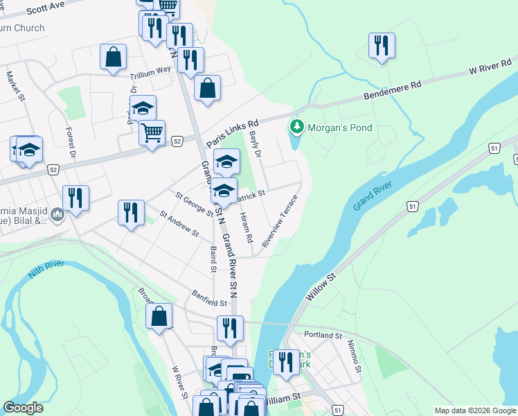 map of restaurants, bars, coffee shops, grocery stores, and more near 12 Horace Drive in Brant