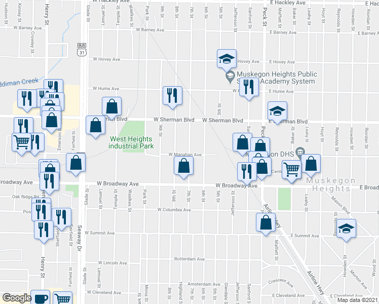 map of restaurants, bars, coffee shops, grocery stores, and more near 2694 7th Street in Muskegon Heights