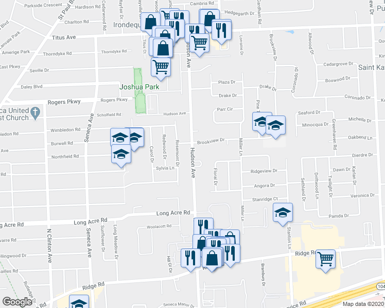 map of restaurants, bars, coffee shops, grocery stores, and more near 1956 County Road 112 in Irondequoit