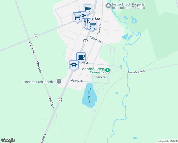 map of restaurants, bars, coffee shops, grocery stores, and more near 27 Curtis Street in Innerkip