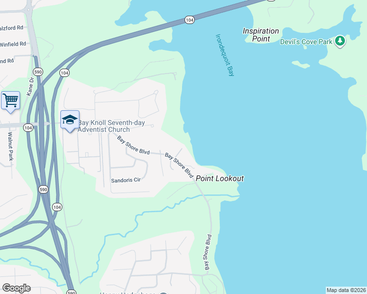 map of restaurants, bars, coffee shops, grocery stores, and more near 45 Bay Bluff Lane in Rochester