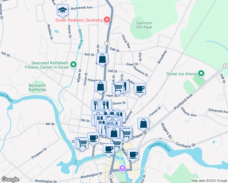 map of restaurants, bars, coffee shops, grocery stores, and more near 18 Ham Street in Dover