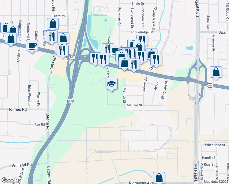 map of restaurants, bars, coffee shops, grocery stores, and more near 133 Hoover Drive in Rochester