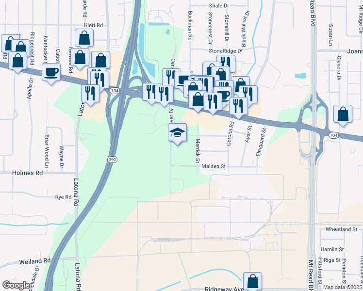 map of restaurants, bars, coffee shops, grocery stores, and more near 133 Hoover Drive in Rochester