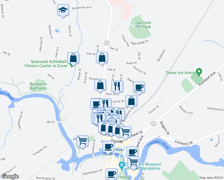 map of restaurants, bars, coffee shops, grocery stores, and more near 31 Park Street in Dover